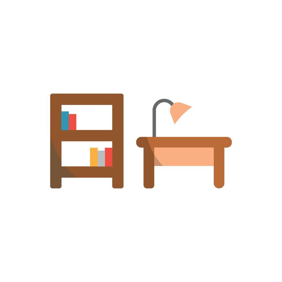 Desk and book shelf icon represents an organized and professional feel, perfect for productivity apps or educational platforms. vector