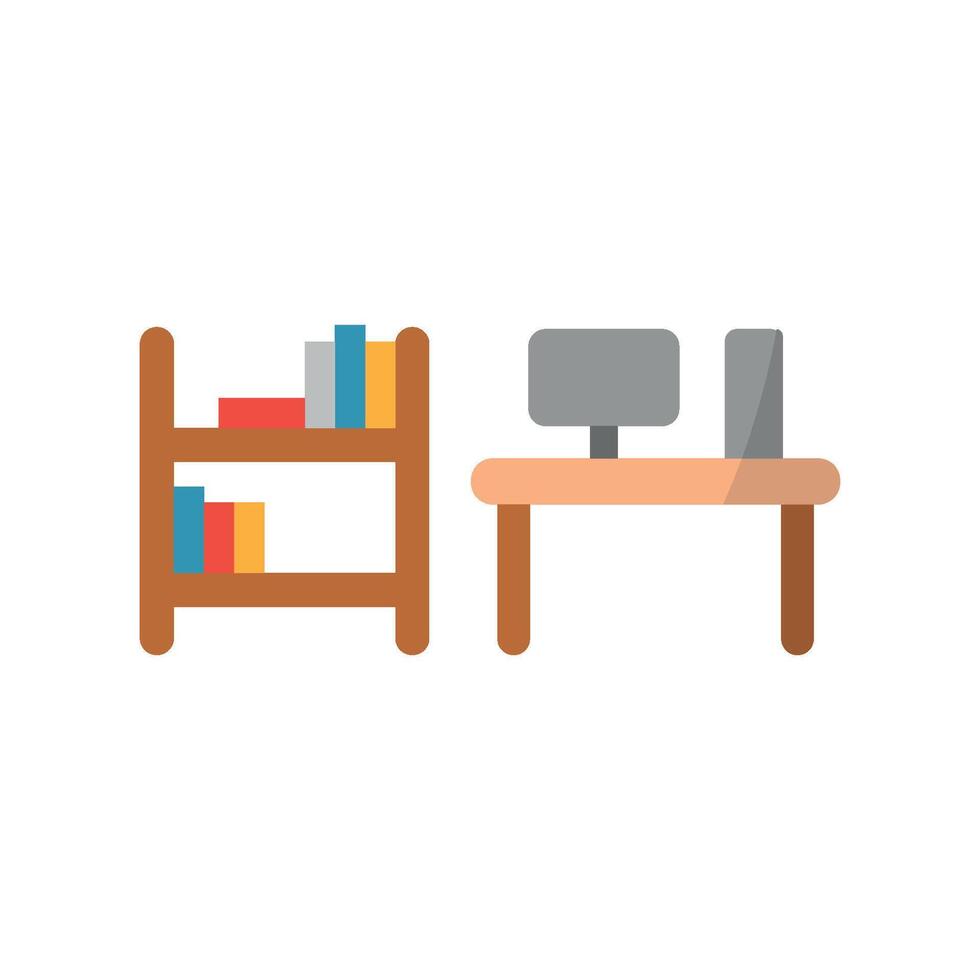 Desk and book shelf icon delivers a simple and elegant style, ideal for use in websites, apps, or office decor visuals. vector