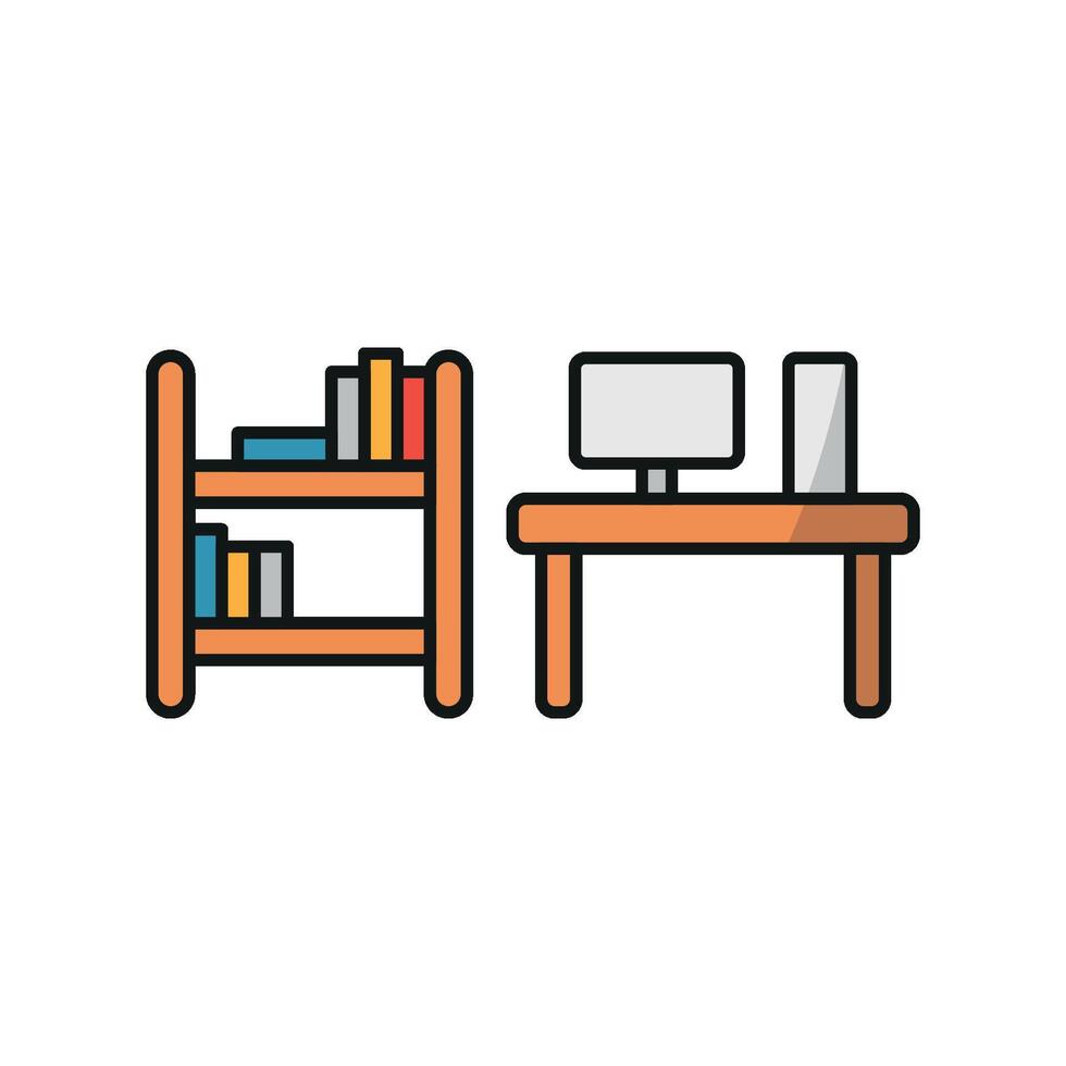 Desk and book shelf icon brings a bold and stylish design, suitable for coworking space branding or office supply promotions. vector