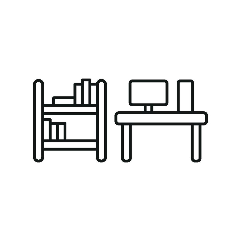 Desk and book shelf icon represents a cozy and efficient setup, perfect for blogs or projects about work-from-home lifestyles. vector