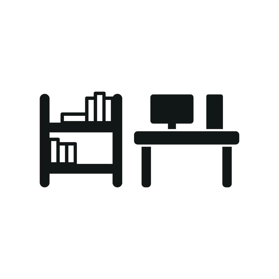 Desk and book shelf icon features a functional and aesthetic style, perfect for productivity tools or organizational apps. vector