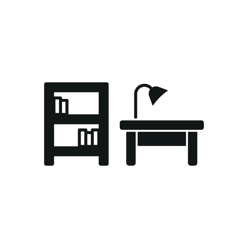 Desk and book shelf icon showcases a compact and efficient design, suitable for office tools or minimalist workspace projects. vector