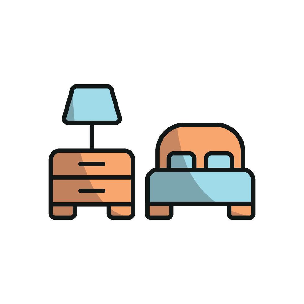 Bedside table and bed set icon represents a sleek and space-efficient setup, suitable for apartment decor or small-space designs. vector