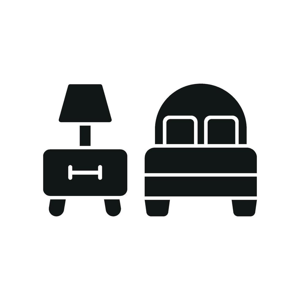 Bedside table and bed set icon offers a clean and organized appearance, ideal for furniture retailers or e-commerce platforms. vector