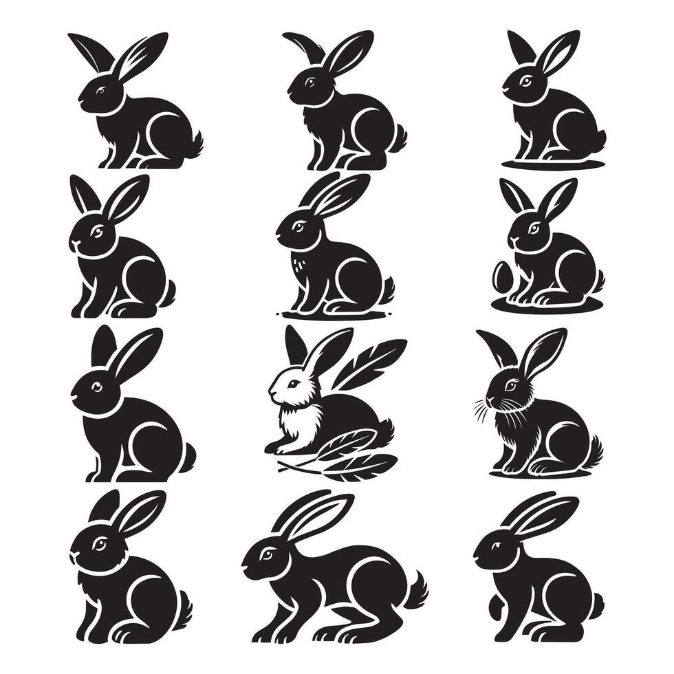 Isolated rabbit shadow on white background, set of different rabbit silhouettes for design use. vector