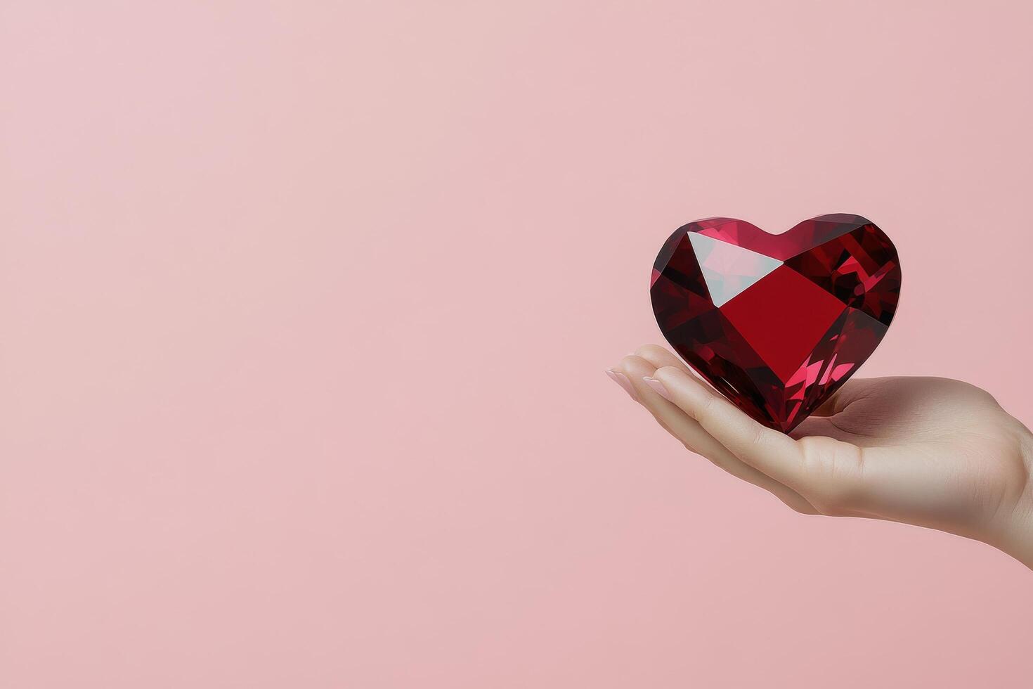 Heart shaped gemstone held in a hand against a soft pink background photo