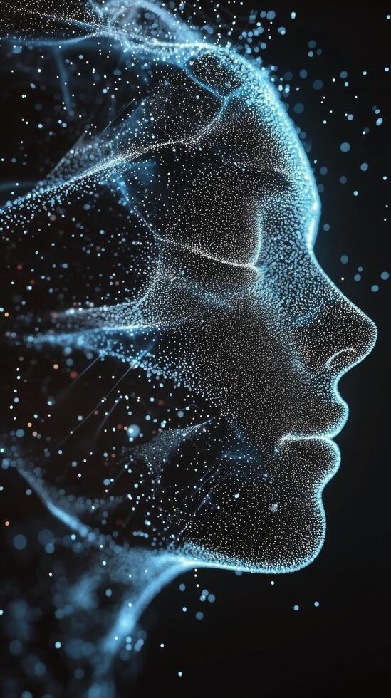 Digital artistry showcases a luminous female face formed by flowing particles in dark space photo