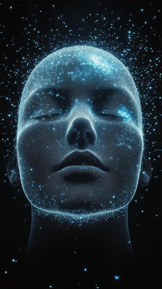 Digital artistry showcases a luminous female face formed by flowing particles in dark space photo