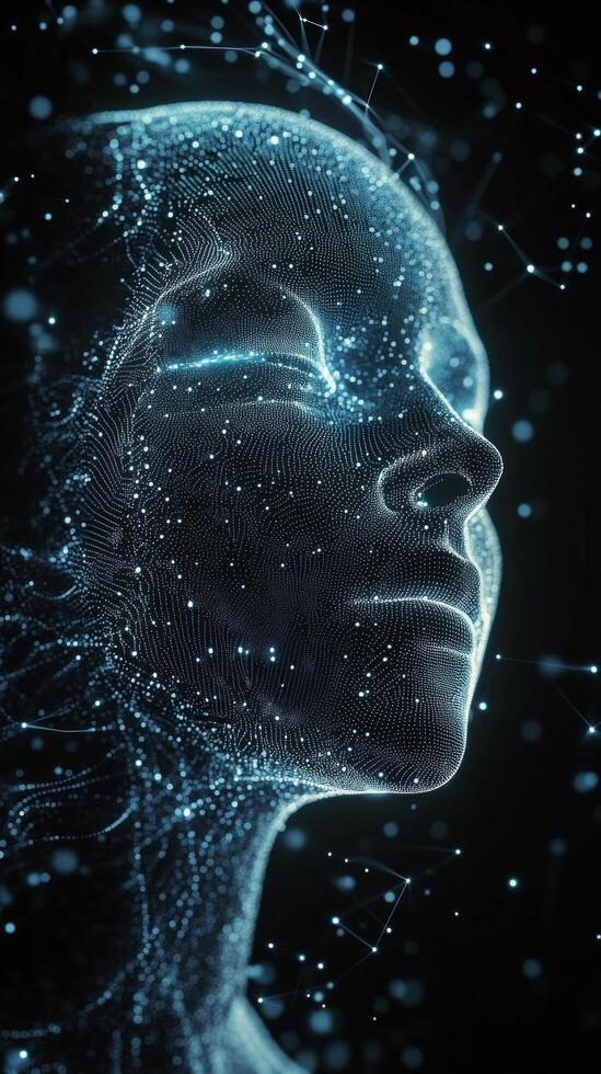 Digital artistry showcases a luminous female face formed by flowing particles in dark space photo