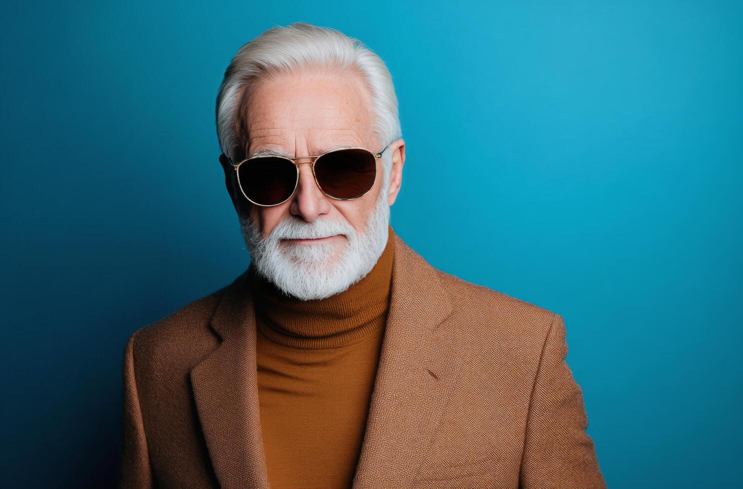 An elderly man exudes confidence and style, dressed in a brown blazer and a turtleneck sweater photo