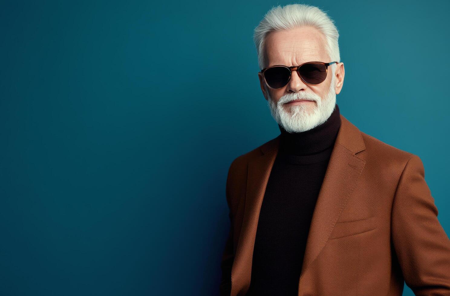 An elderly man exudes confidence and style, dressed in a brown blazer and a turtleneck sweater photo