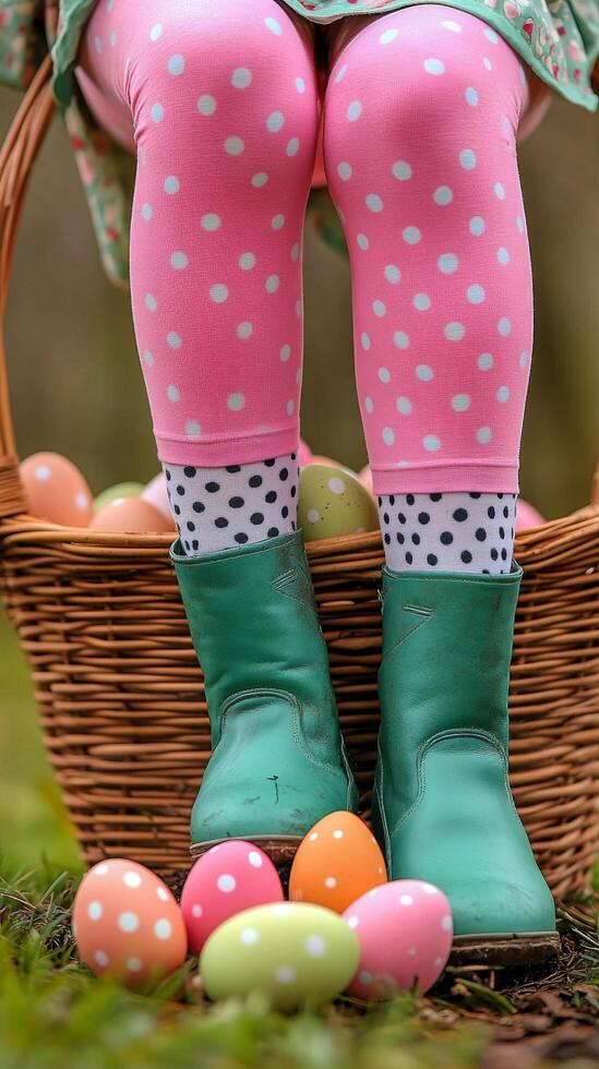 Colorful eggs surround a child wearing polka dot leggings in a garden on a sunny day photo