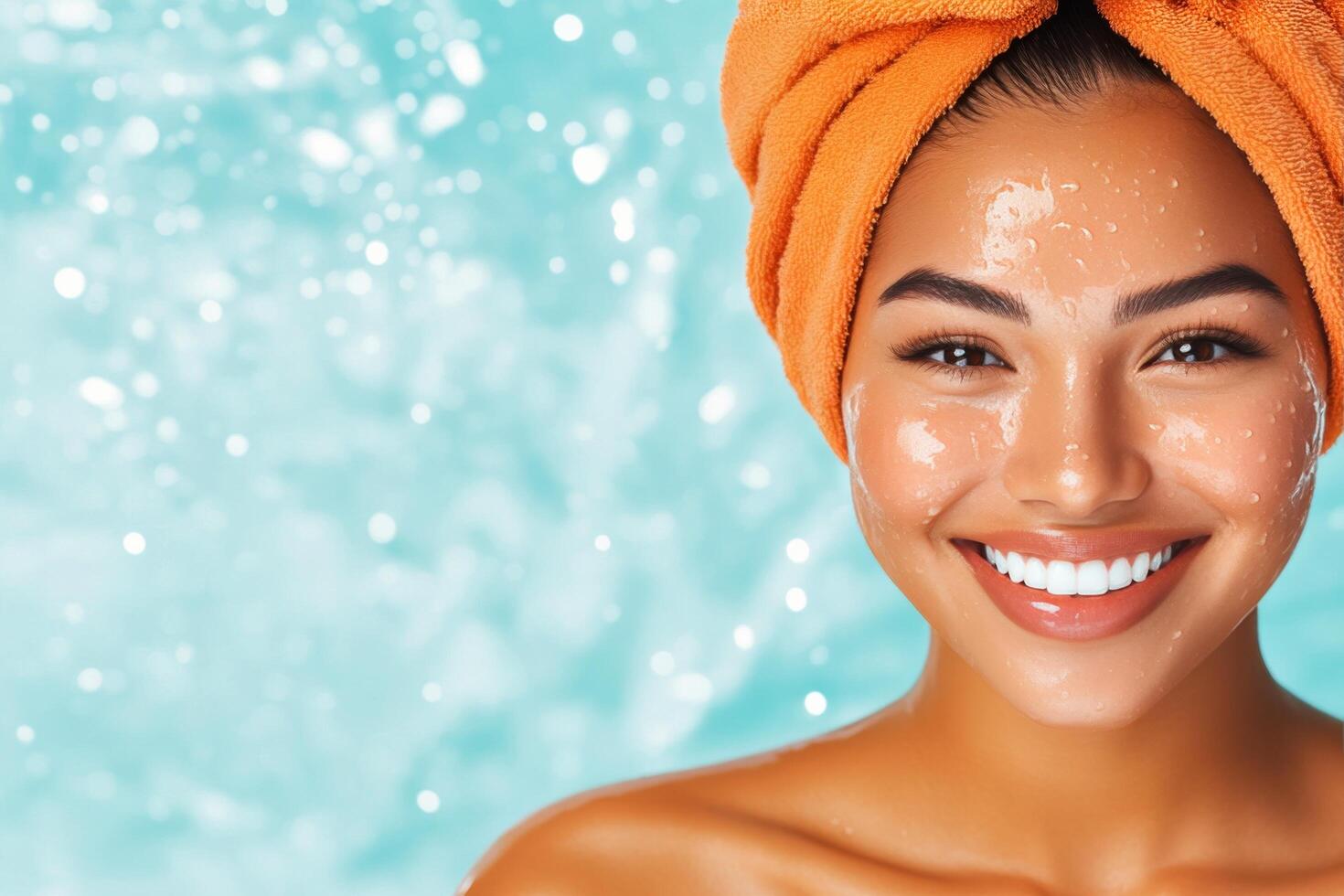 Smiling woman with a towel on her head enjoying a refreshing moment near water photo