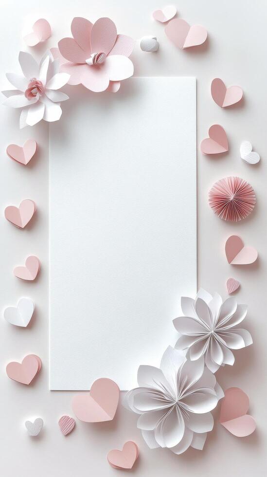 Decorative paper flowers and hearts surrounding a blank white sheet on a light background photo