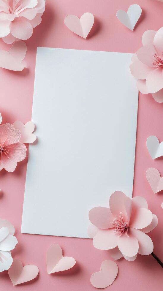 Decorative paper flowers and hearts surrounding a blank white sheet on a light background photo