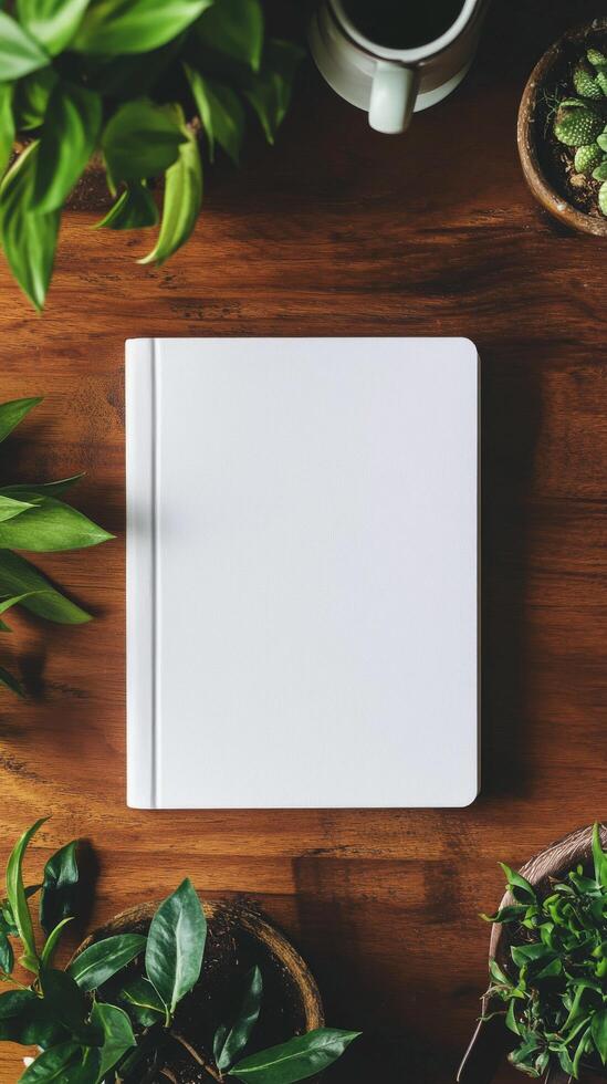 Blank notebook and coffee cups on wooden table surrounded by green plants in a cozy setting photo
