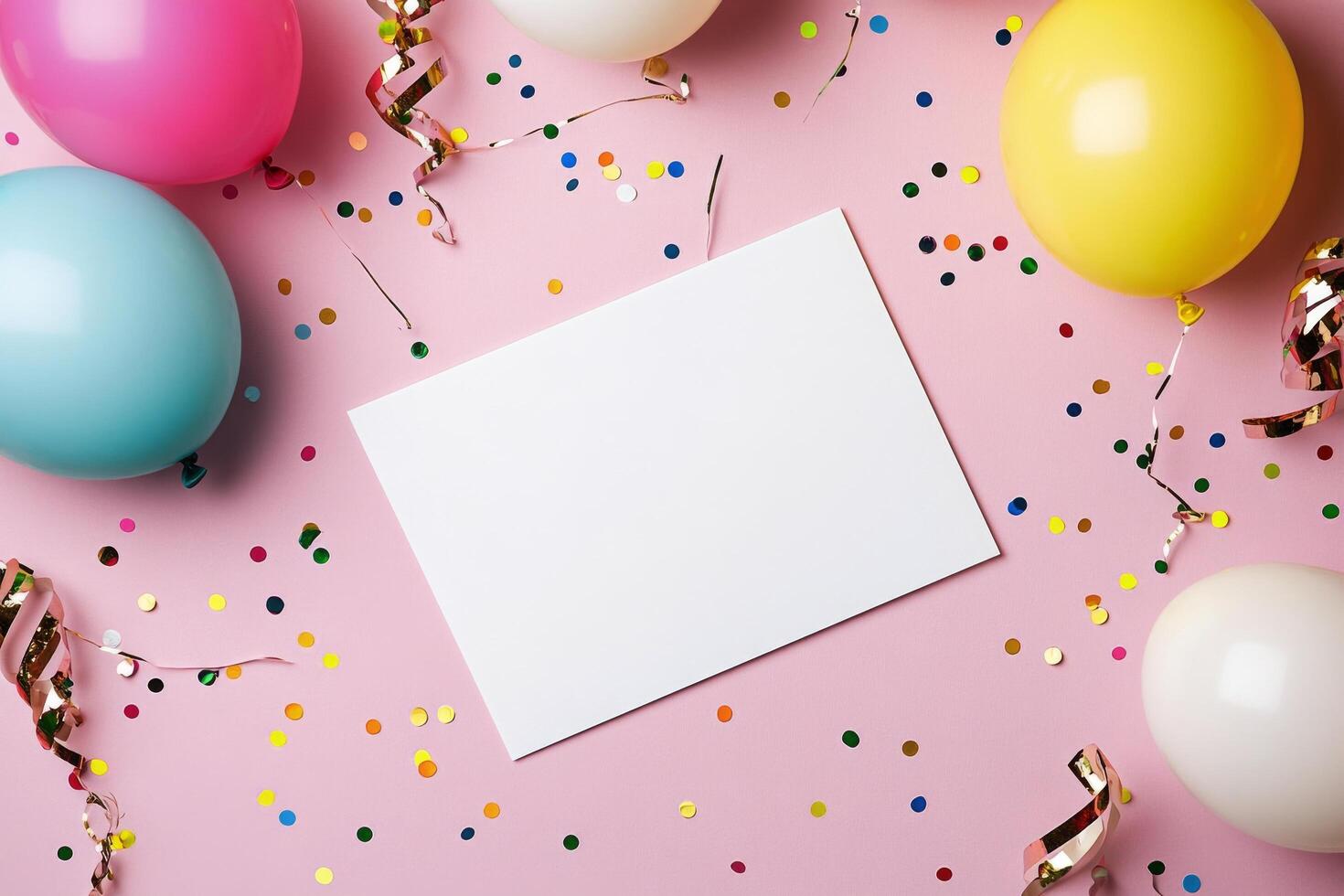 Colorful celebration setup with balloons and confetti on a pink background for party invitations photo