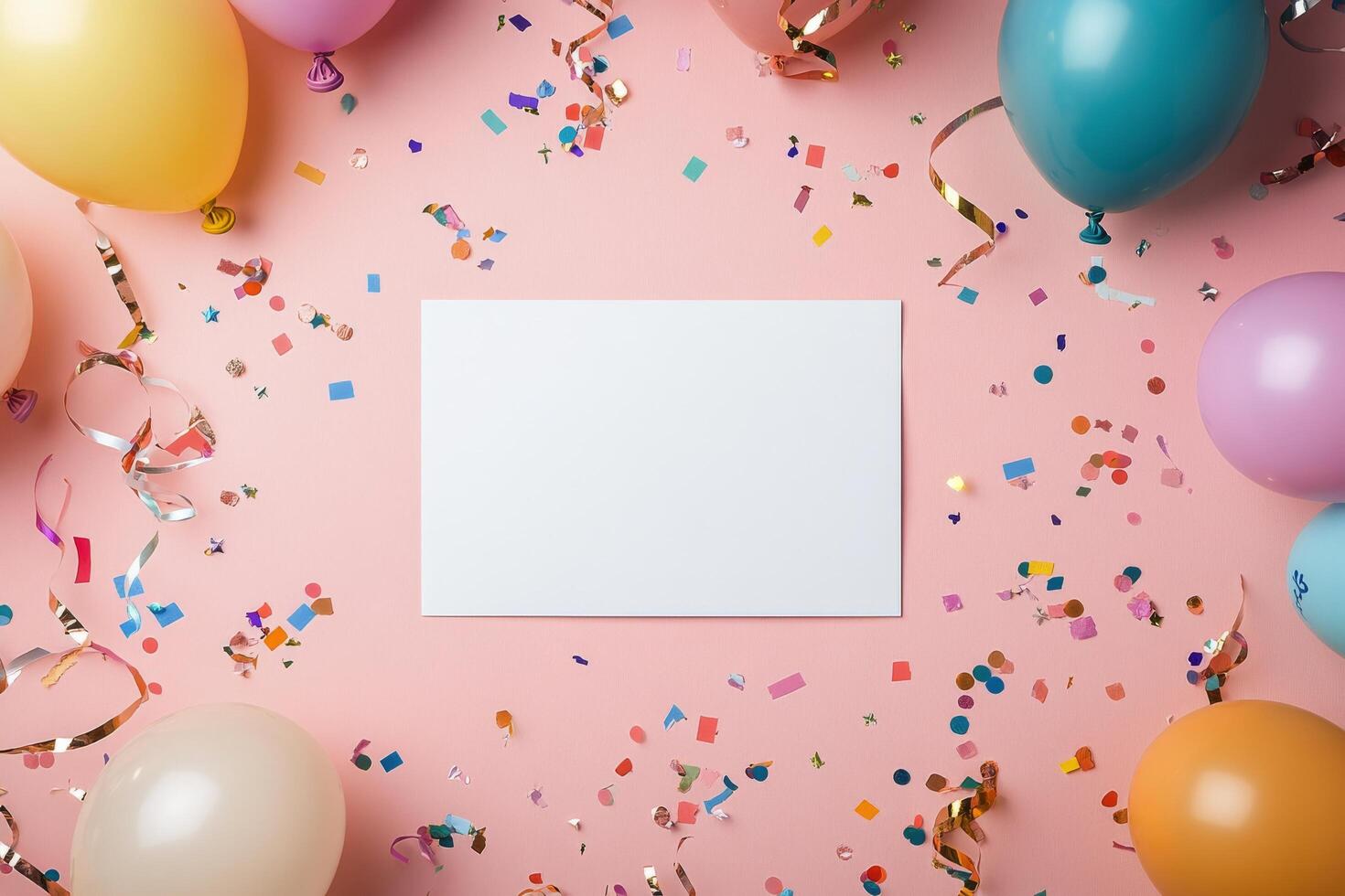 Colorful celebration setup with balloons and confetti on a pink background for party invitations photo