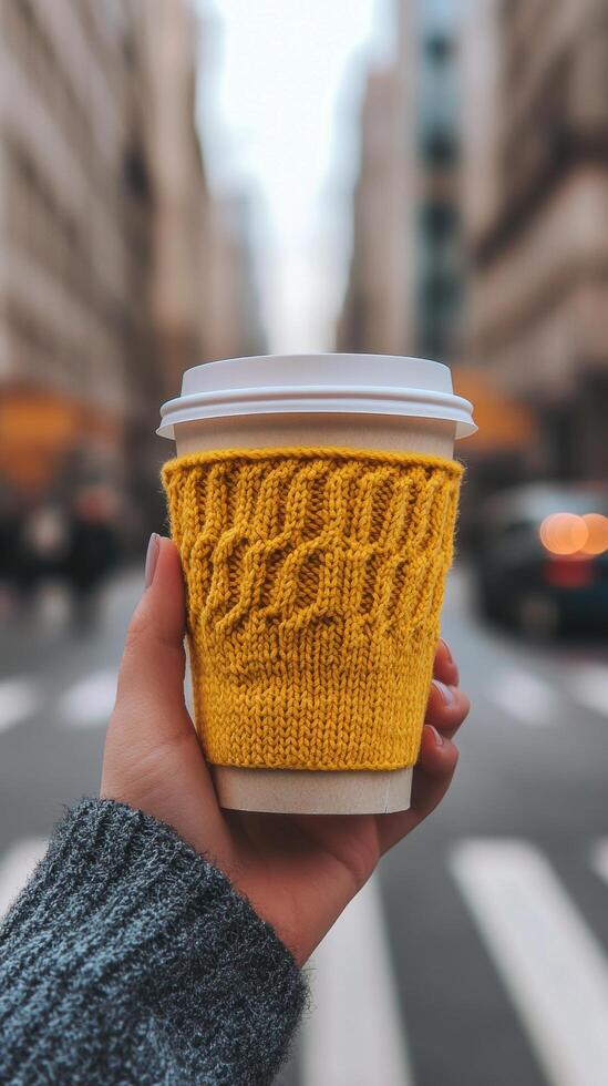 Cozy warm drink held in a hand in a bustling city street during late afternoon photo