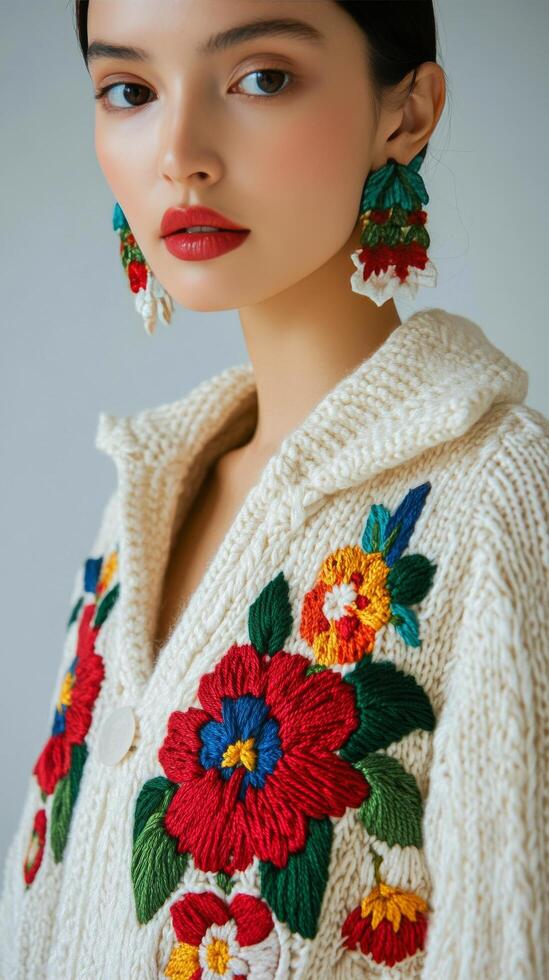 Young woman showcases colorful floral sweater in studio setting with soft lighting photo