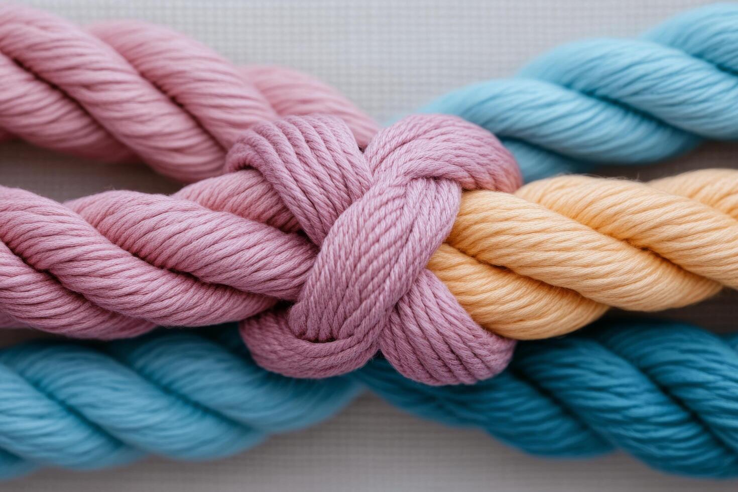 Various pastel colored threads woven together creating an artistic arrangement on a white background photo