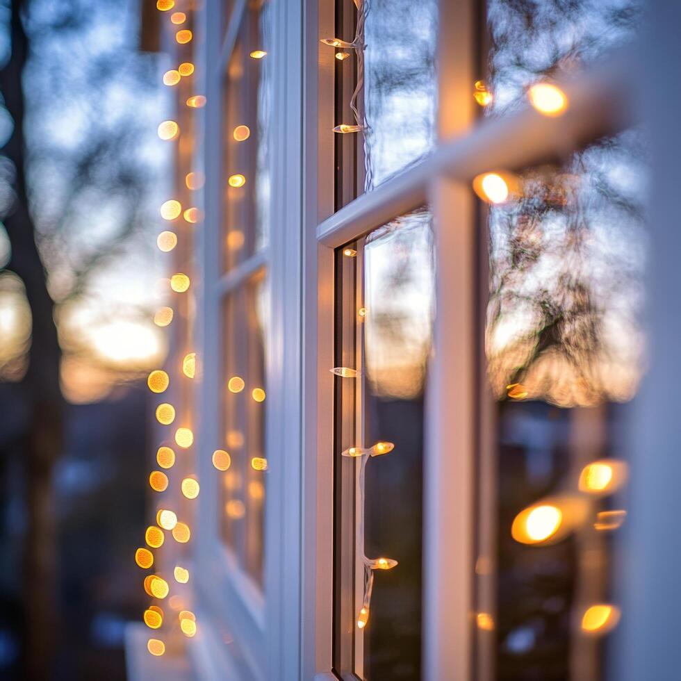 Soft twinkling lights illuminate a window during sunset in a cozy setting photo