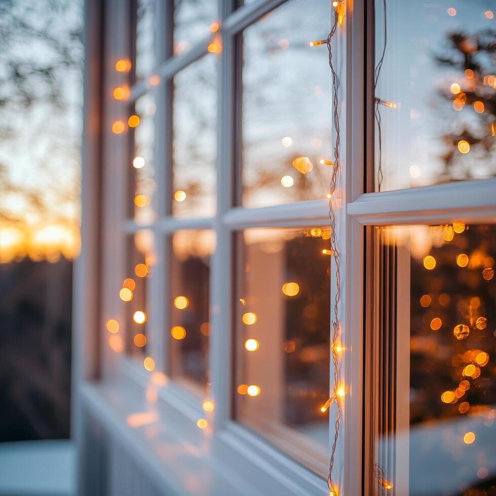 Soft twinkling lights illuminate a window during sunset in a cozy setting photo