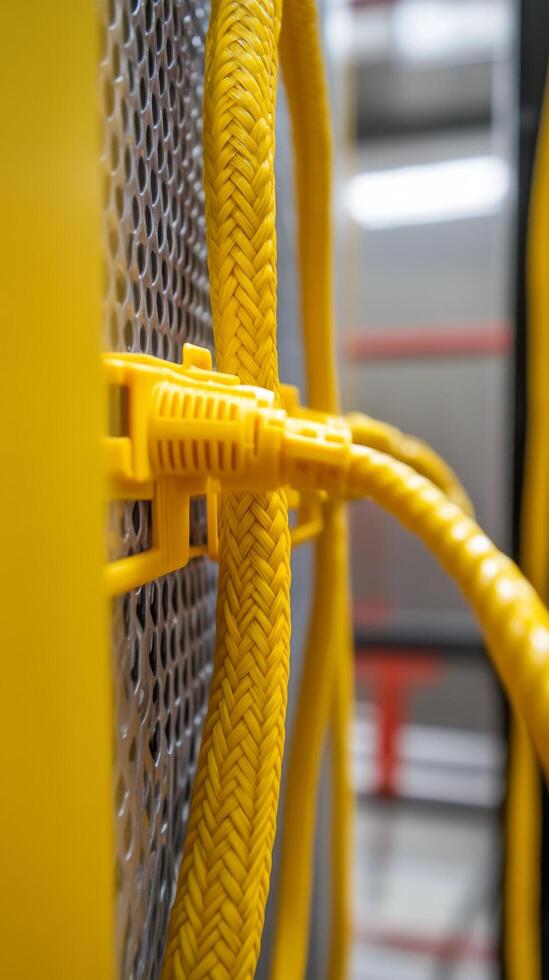 Yellow industrial tubing with metal connector showcased in detail in a manufacturing facility photo