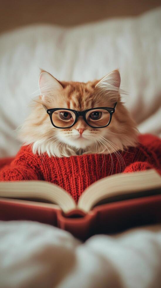 Cat in glasses reading a book while wearing a cozy sweater on a soft bed photo