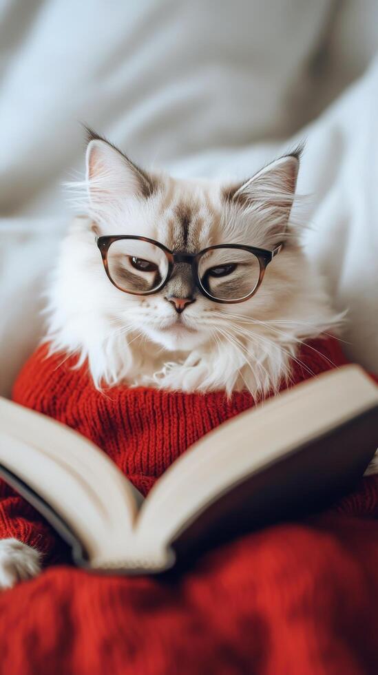 Cat in glasses reading a book while wearing a cozy sweater on a soft bed photo