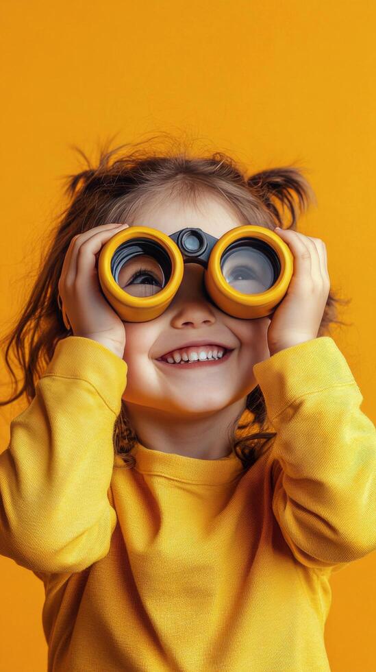 Child with binoculars enjoys playful exploration against a vibrant yellow background photo