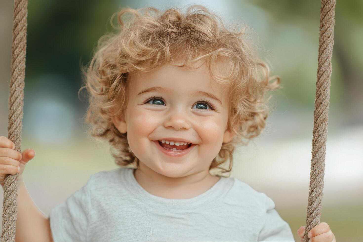 Child happily swinging in a park on a sunny day with vibrant autumn colors in the background photo