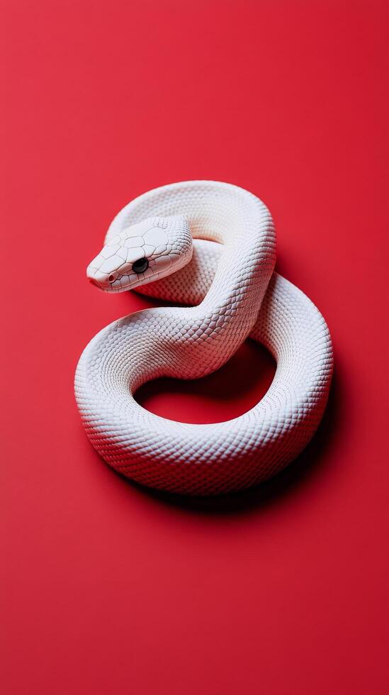 White snake coiled gracefully against a vivid red background in an artistic display photo