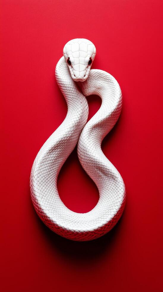 White snake coiled gracefully against a vivid red background in an artistic display photo