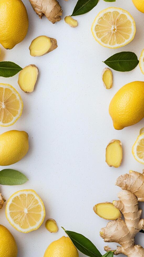 Fresh lemons and ginger arranged on a white surface for a natural food display photo