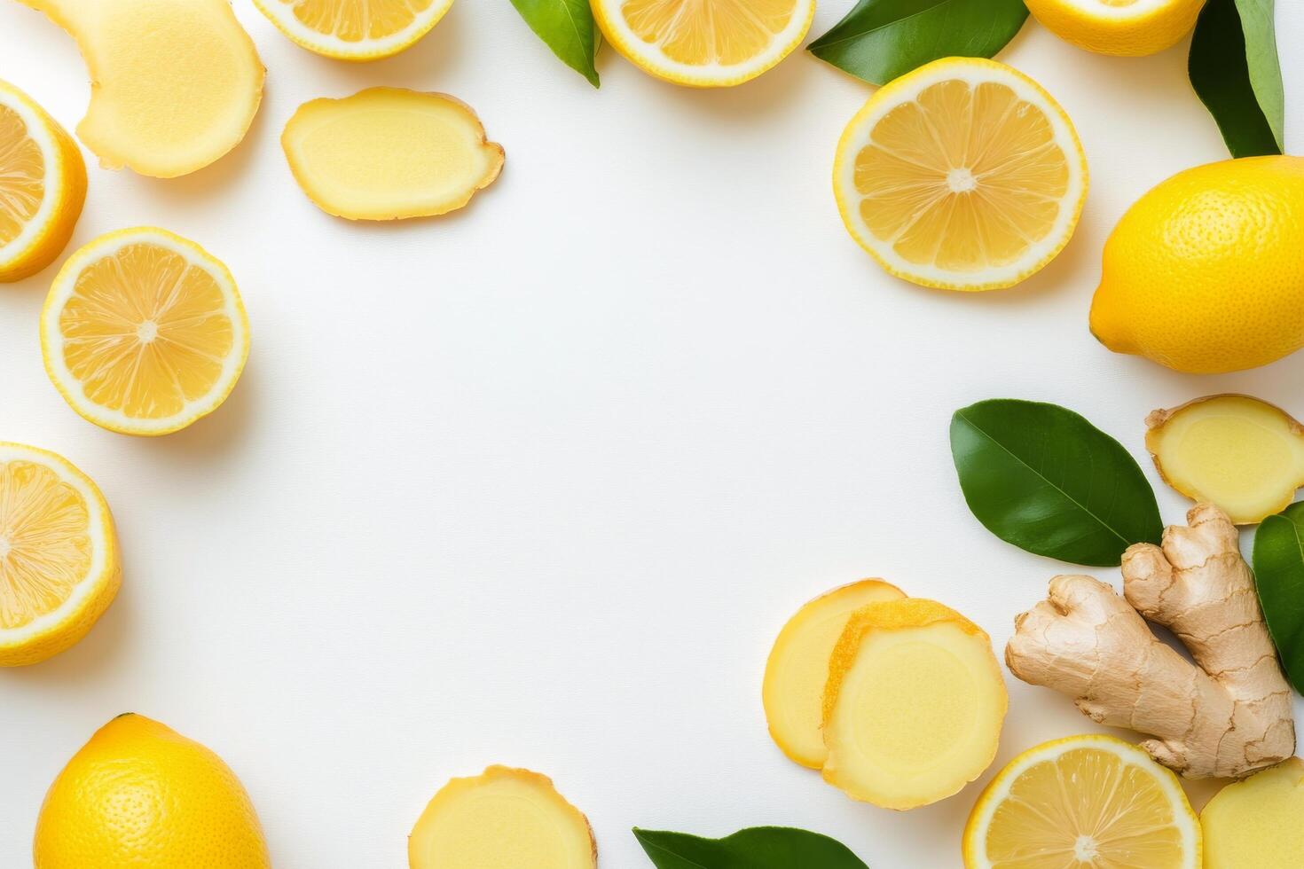 Fresh lemons and ginger displayed with basil leaves on a white surface for health benefits photo