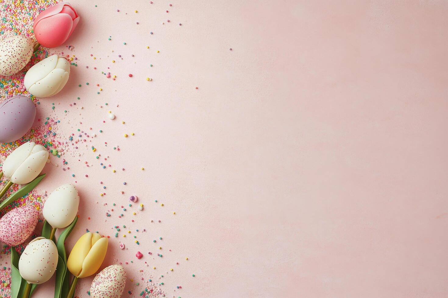 Colorful Easter eggs arranged on a soft pink background for festive celebrations photo