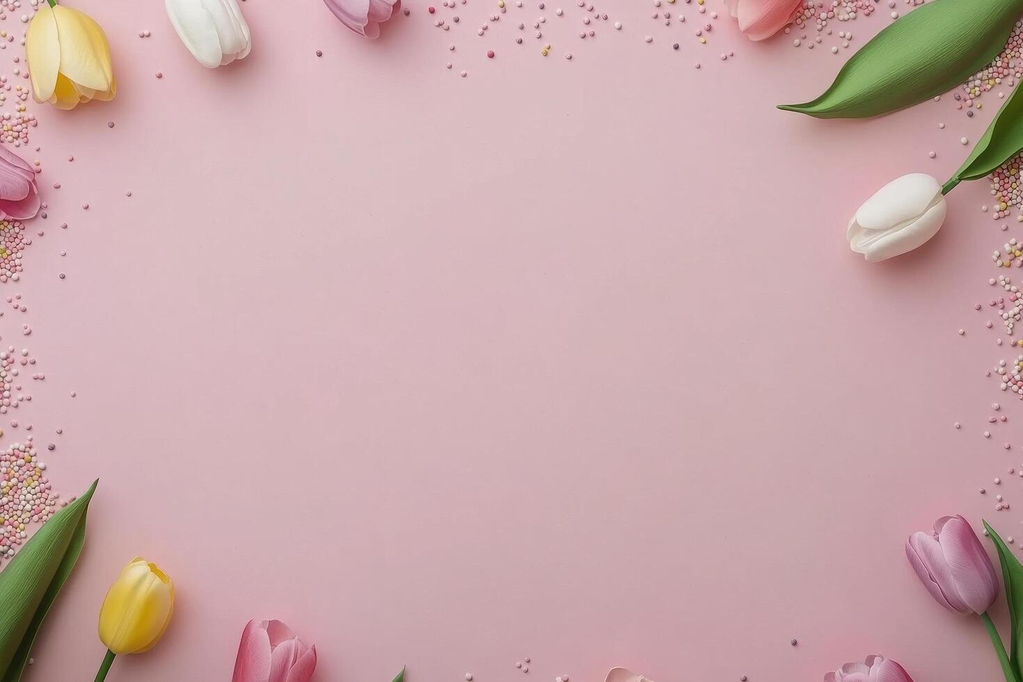 Colorful Easter eggs arranged on a soft pink background for festive celebrations photo