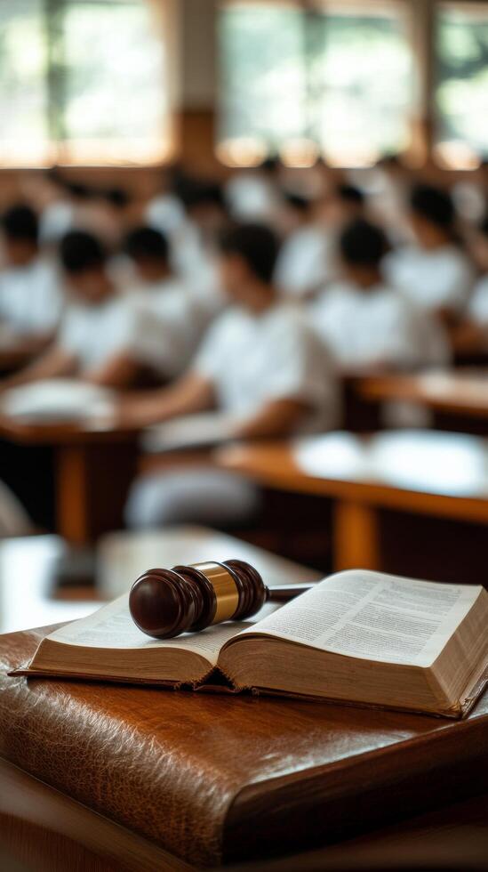 Group study session in a bright classroom with a focus on law books and gavel photo
