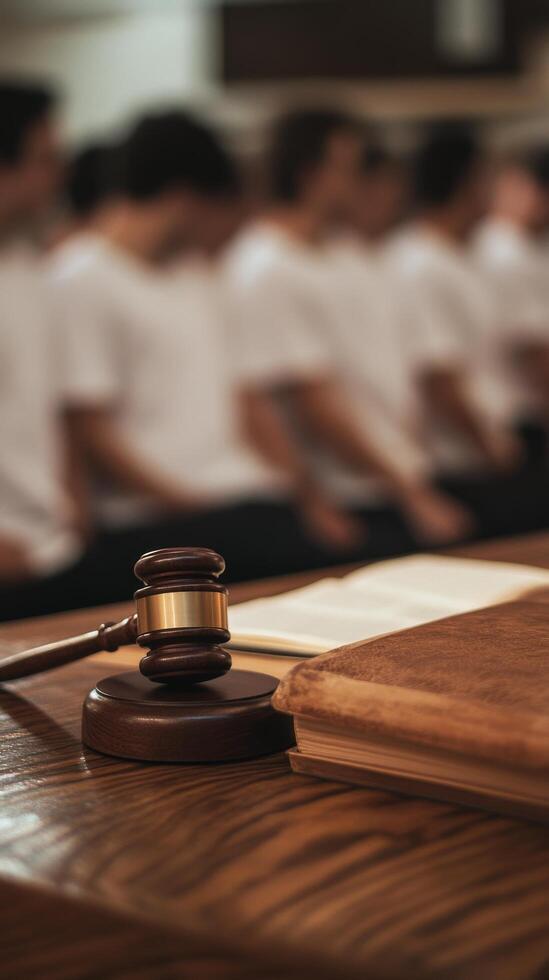 Group study session in a bright classroom with a focus on law books and gavel photo