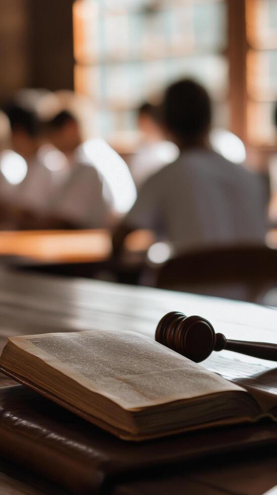 Group study session in a bright classroom with a focus on law books and gavel photo