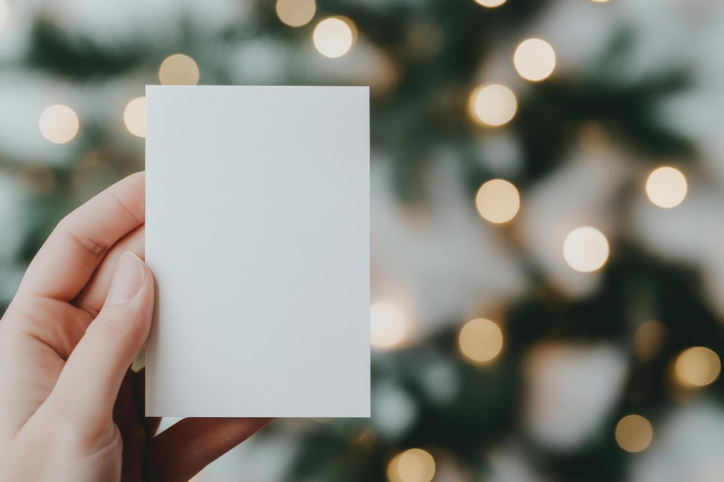 Hand holding blank card in front of sparkling lights during festive season photo