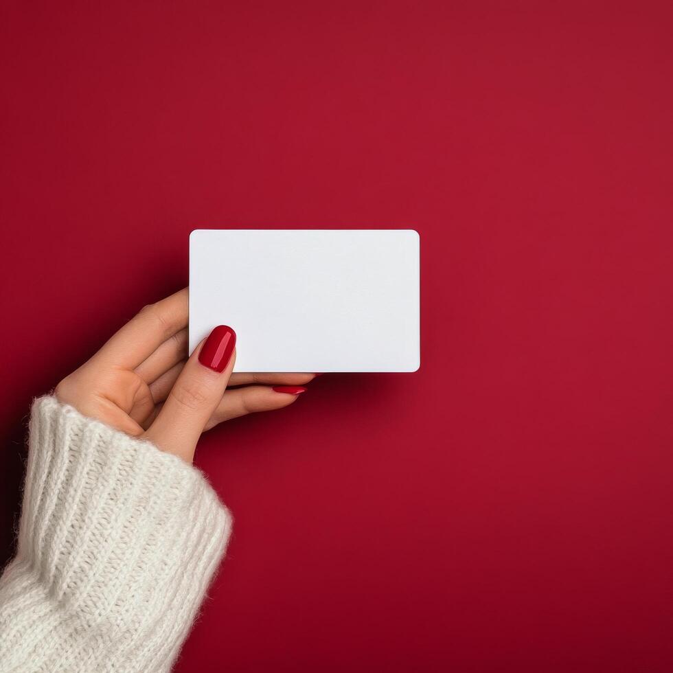 Person holding a blank card with red background and cozy sweater photo