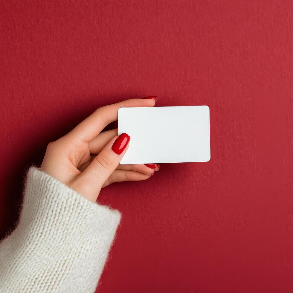 Person holding a blank card with red background and cozy sweater photo