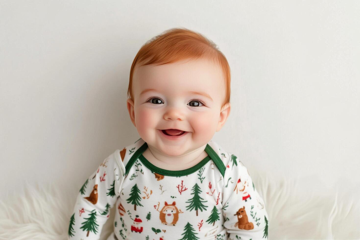 Smiling baby with red hair seated on soft blanket in cozy indoor setting during daytime photo