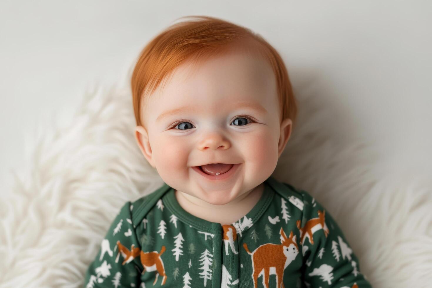 Smiling baby with red hair seated on soft blanket in cozy indoor setting during daytime photo