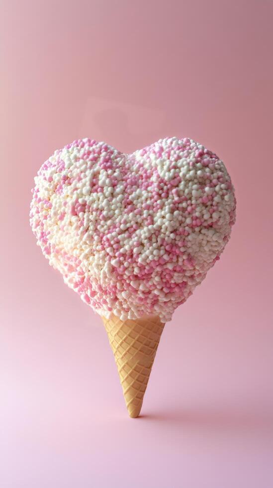 Colorful heart shaped ice cream cone with sprinkles on pink background photo