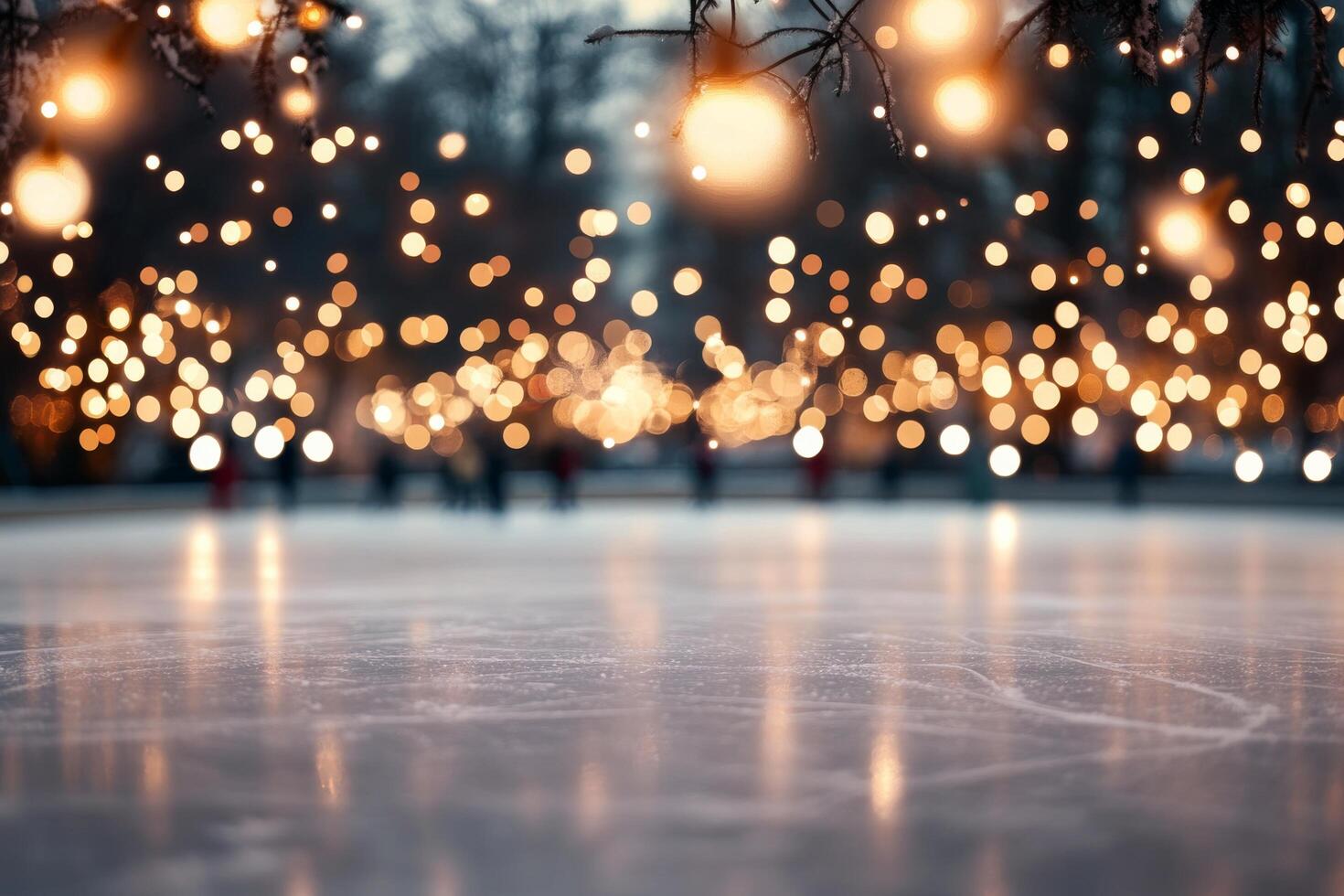 Outdoor ice skating rink decorated for winter festivities with twinkling lights and a tree photo