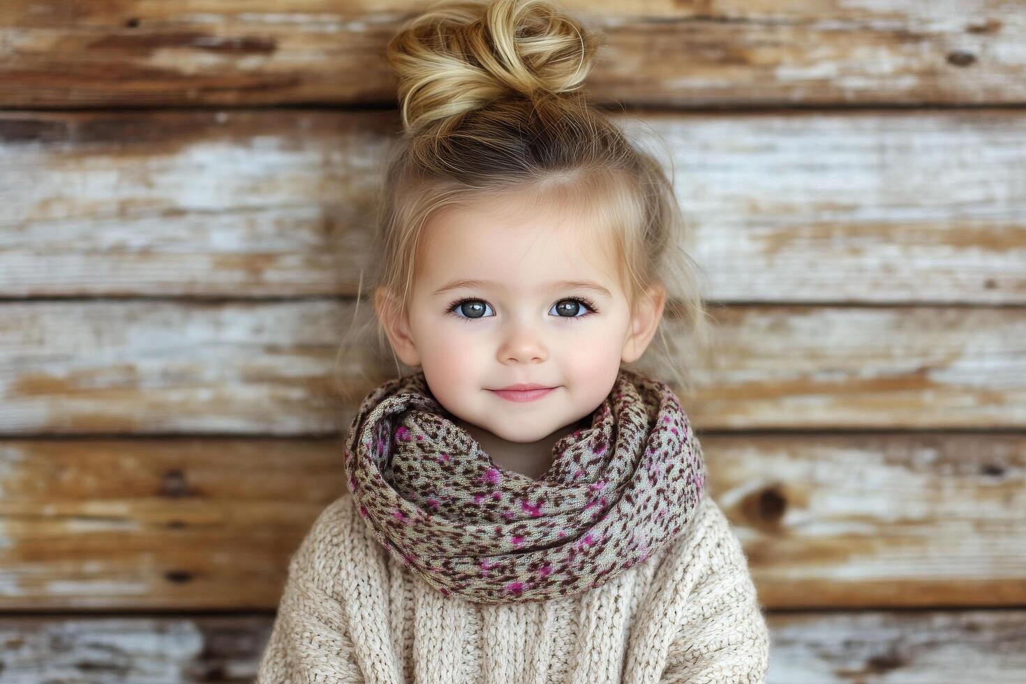 Young girl wearing a cozy scarf poses for a portrait in a rustic setting photo