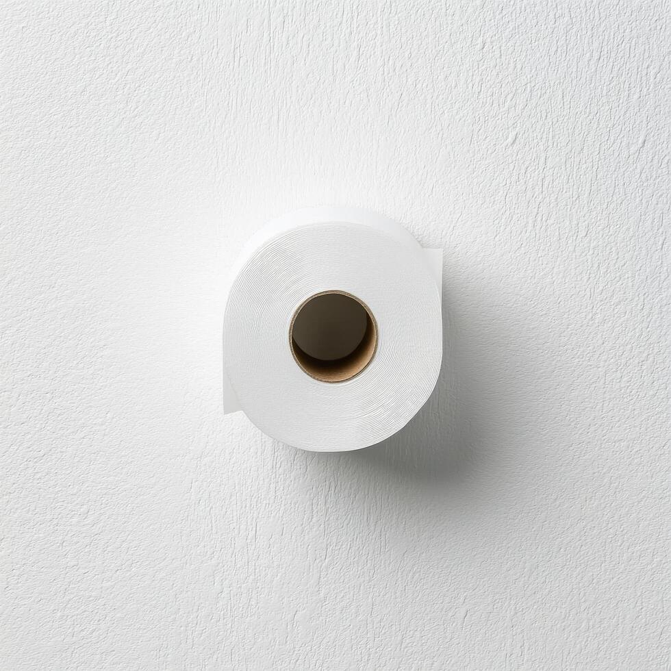 White toilet paper roll hanging on a plain wall in a modern restroom photo